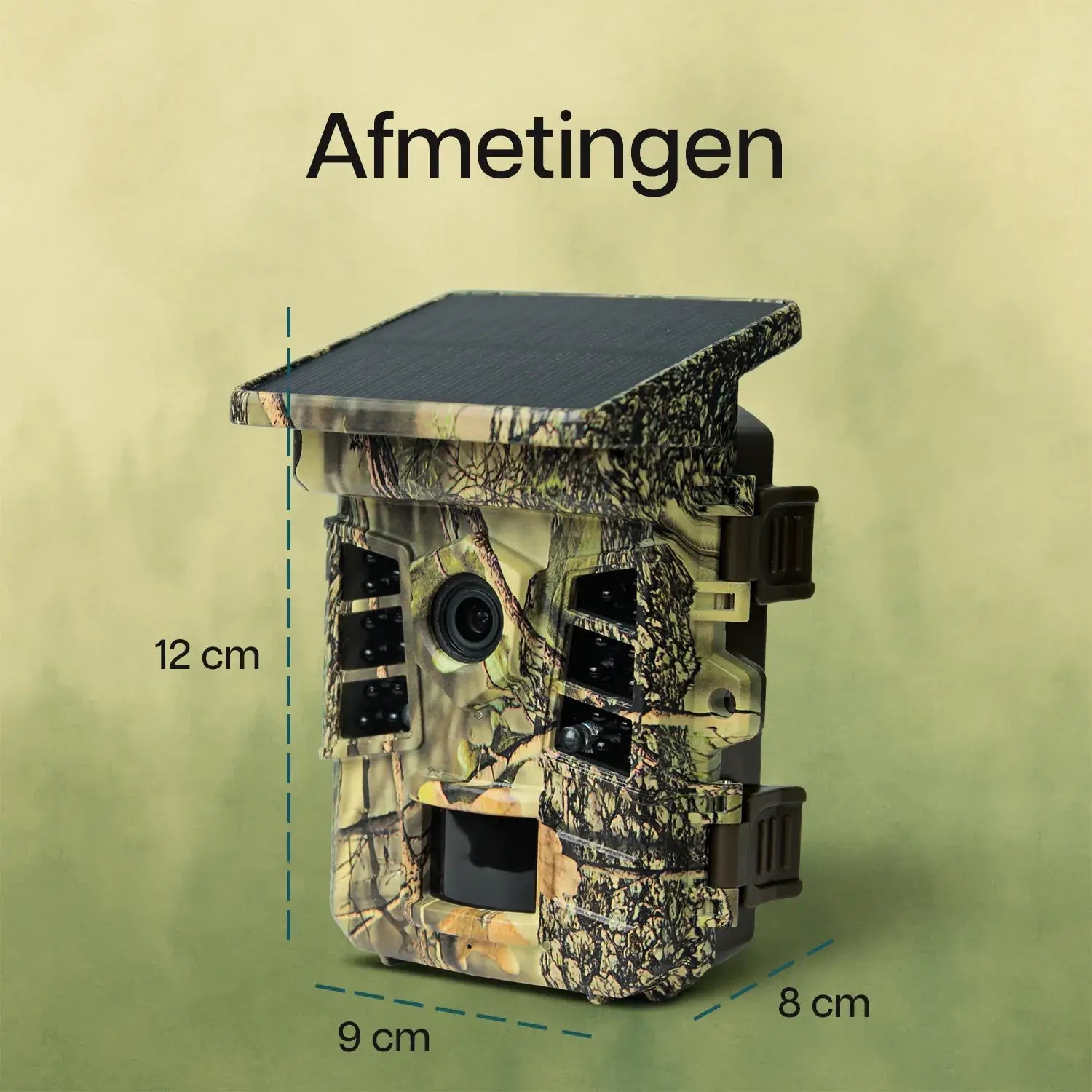 Afmetingen van de camtura wildcamera met wifi en zonnepaneel