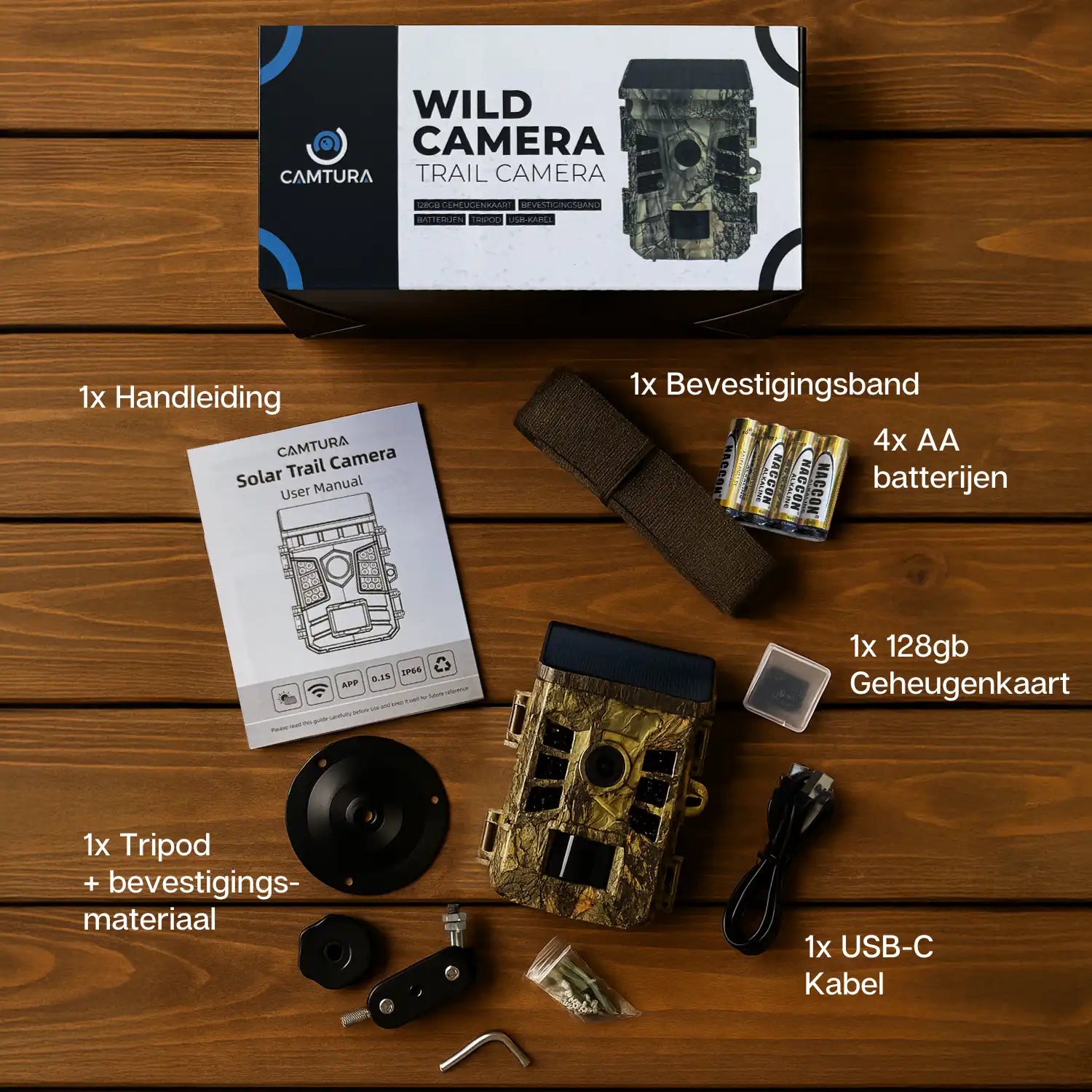 Verpakkingsinhoud van de camtura wildcamera met zonnepaneel