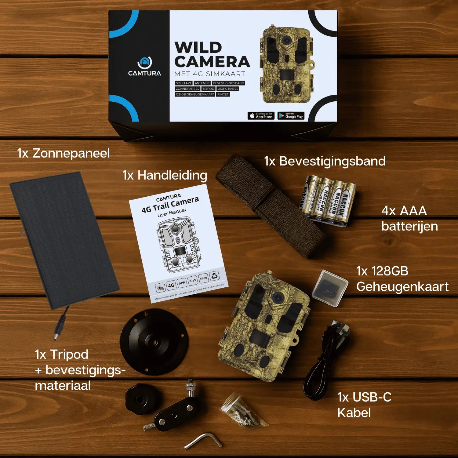 Verpakkingsinhoud van de camtura wildcamera met 4g simkaart en AI