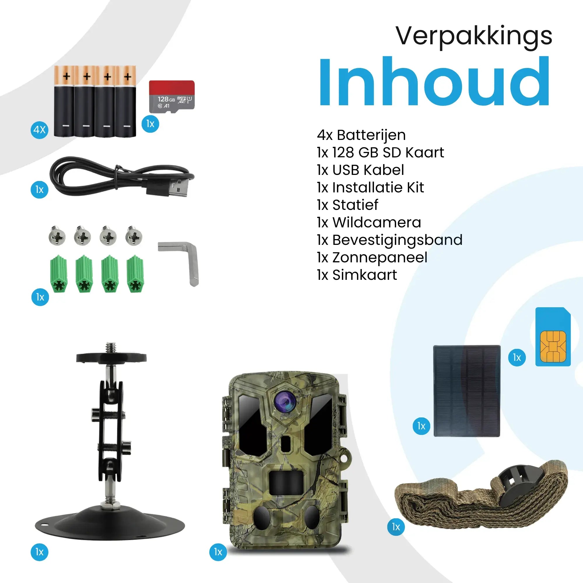 Inhoud en accessoires van wildcamera met simkaart, zonnepaneel en ai