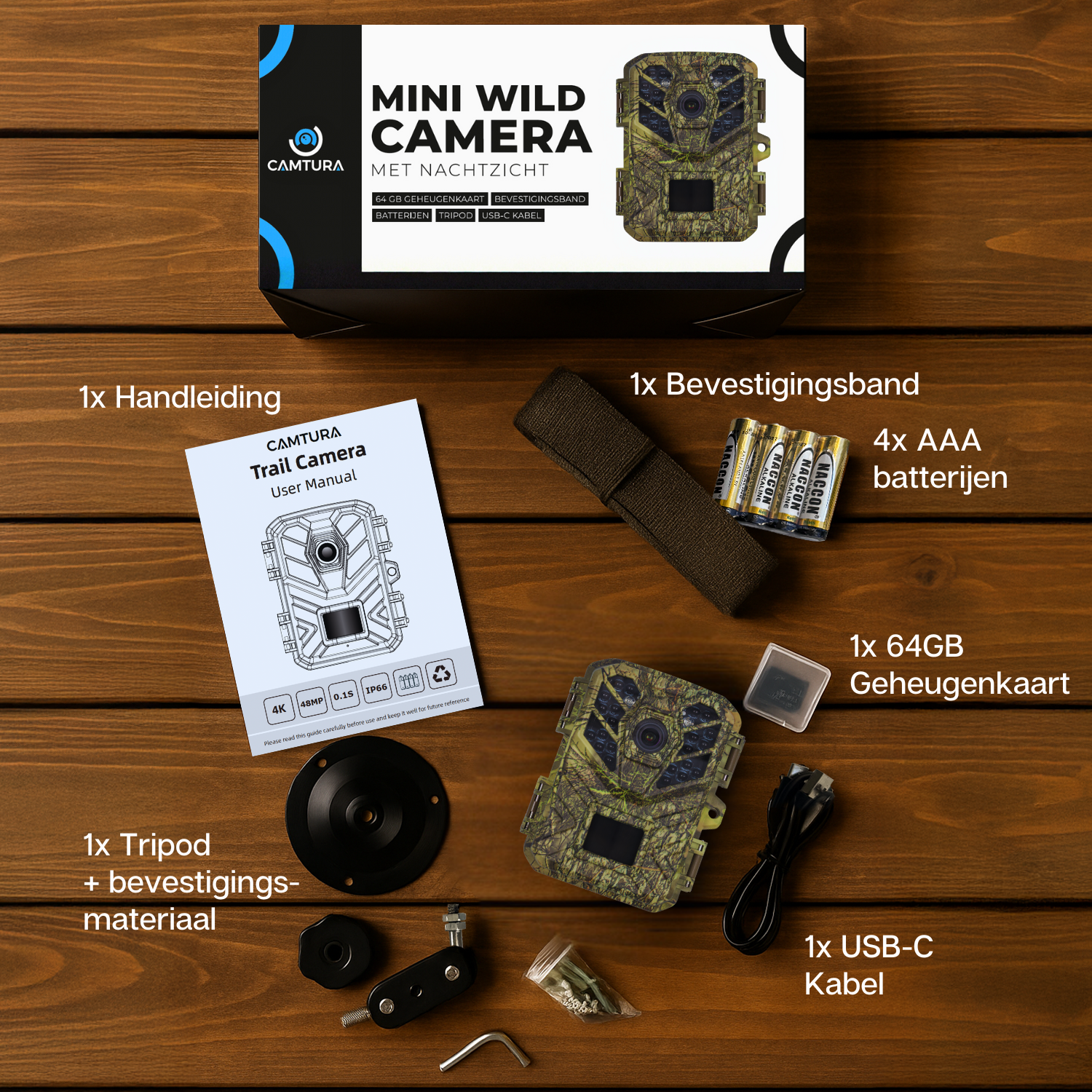 Verpakkingsinhoud van de camtura wildcamera met nachtzicht