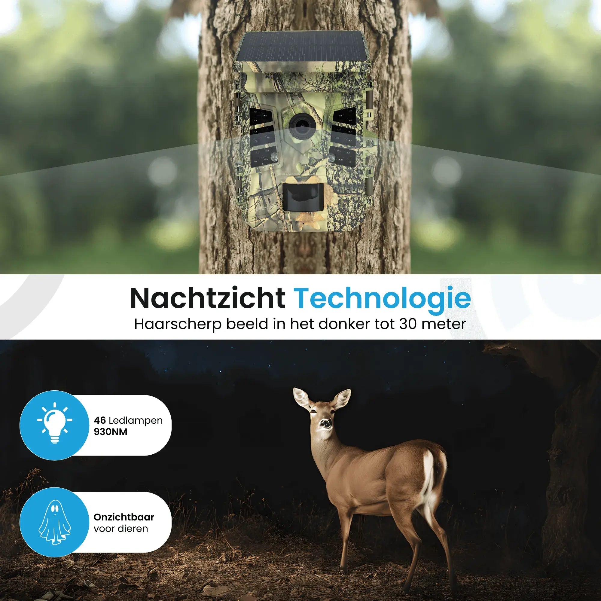 Nachtzicht van wildcamera met zonnepaneel en wifi